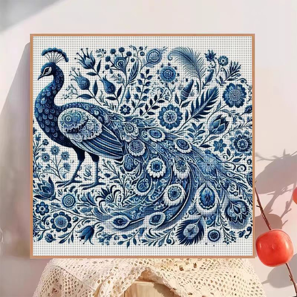 11CT Frameless Cross Stitch Kit, Blue Peacock with Floral Patterns