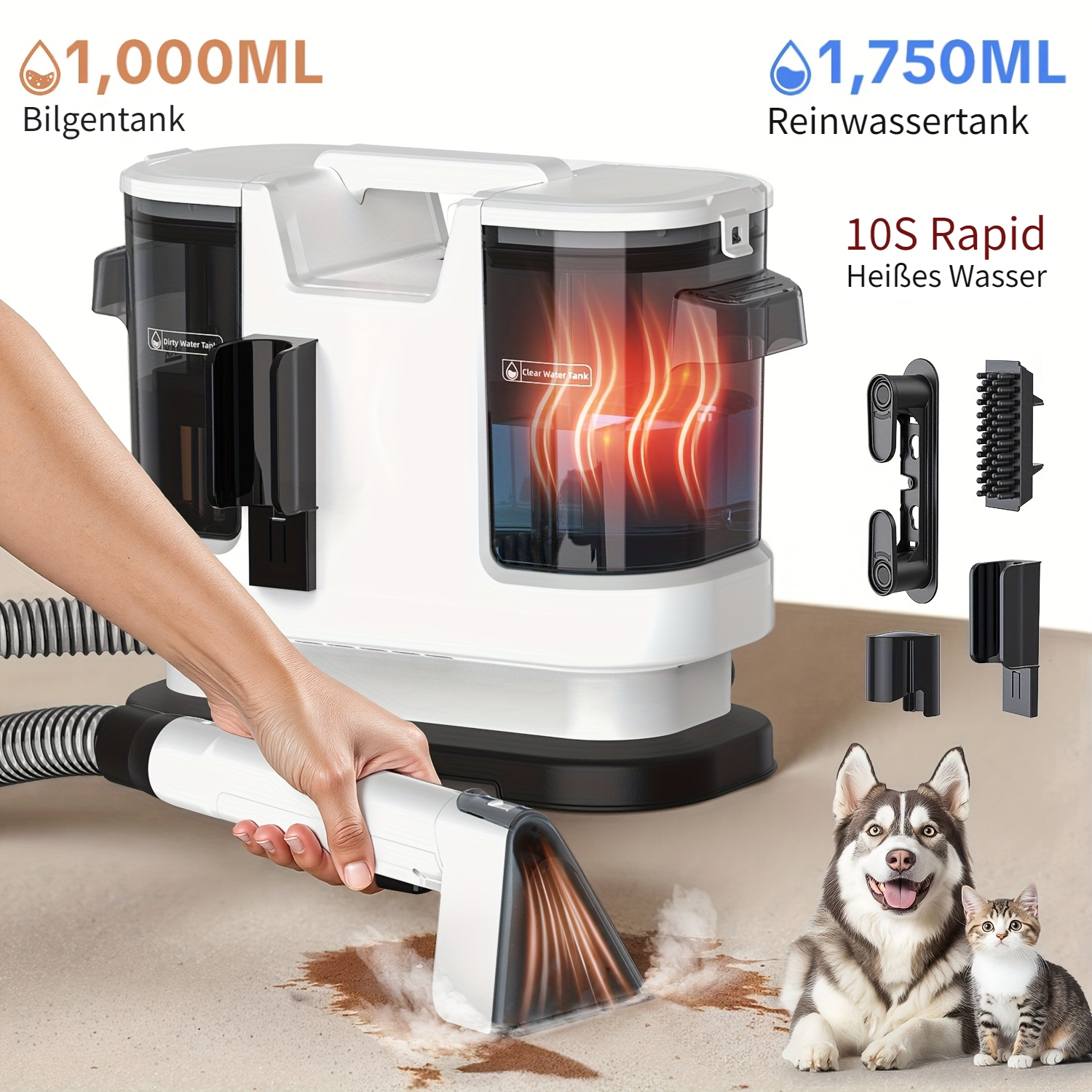 E-shop Lubluelu 2026 Neue Mehrzweck-Tragbare Teppich- & Polster-Fleckenentferner-Reinigungsmaschine, Teppich-Shampooer mit 3 Aufsätzen, 20Kpa Starker