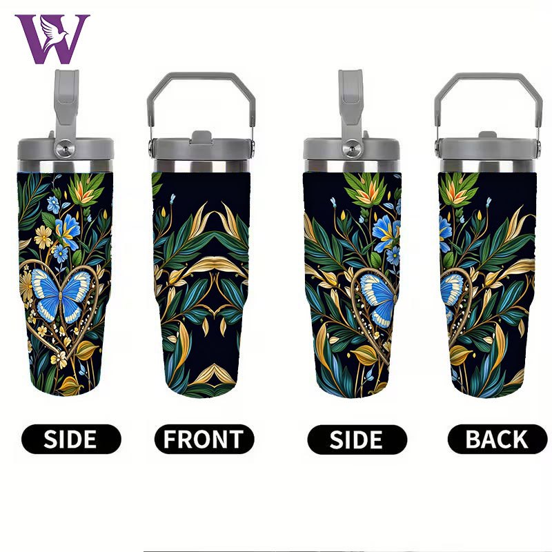 1pc 30oz stainless steel insulated cup with blue butterflies   heart shapes surrounded by floral vines and   2d   leakproof reusable   gift for camping