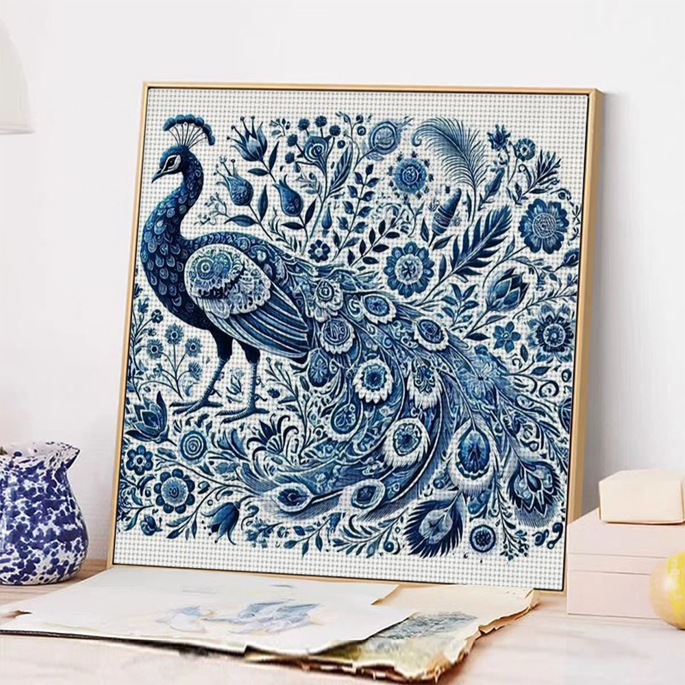 11CT Frameless Cross Stitch Kit, Blue Peacock with Floral Patterns