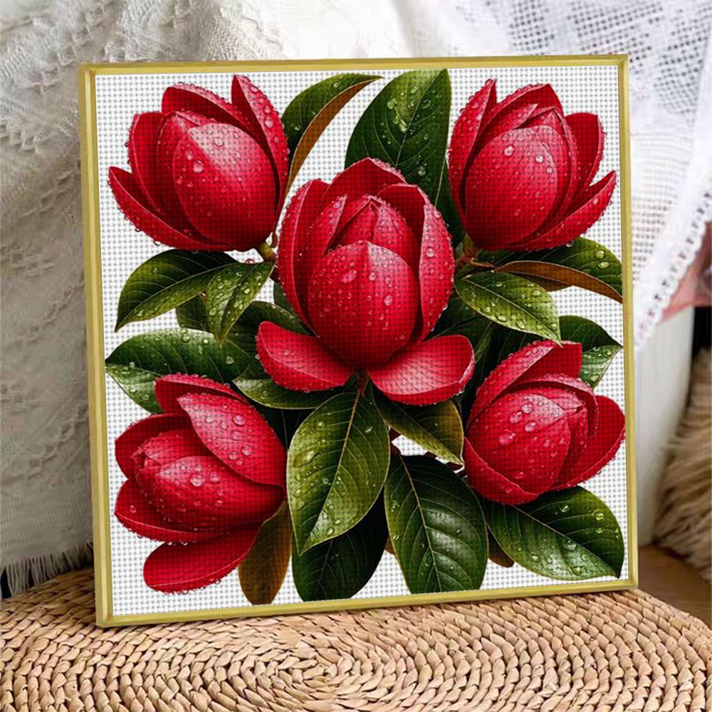 11CT Frameless DIY Cross Stitch Kit, Red Flowers with Water Droplets