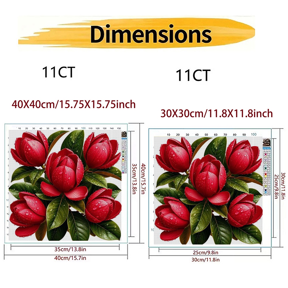 11CT Frameless DIY Cross Stitch Kit, Red Flowers with Water Droplets
