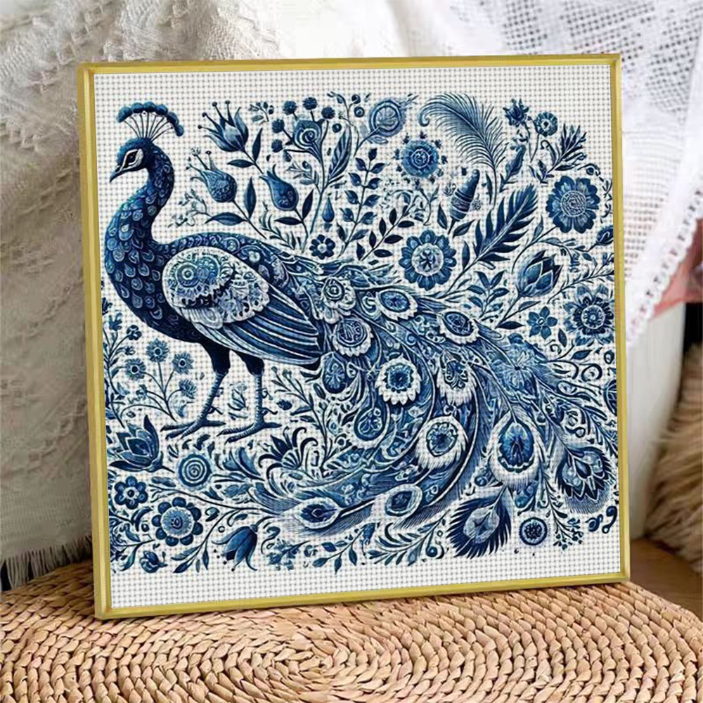 11CT Frameless Cross Stitch Kit, Blue Peacock with Floral Patterns