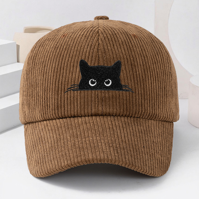 TEMU Unisex Black Cat Animal Embroidery Corduroy Baseball Cap, Women's Fashion Spring Autumn Thickened Hat, Men's Winter Casual Warm , Outdoor Street