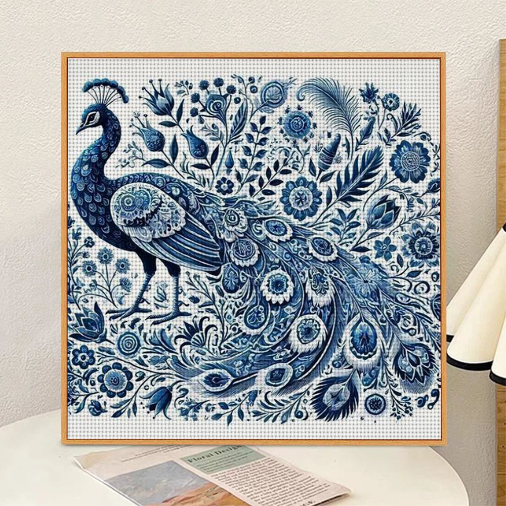11CT Frameless Cross Stitch Kit, Blue Peacock with Floral Patterns