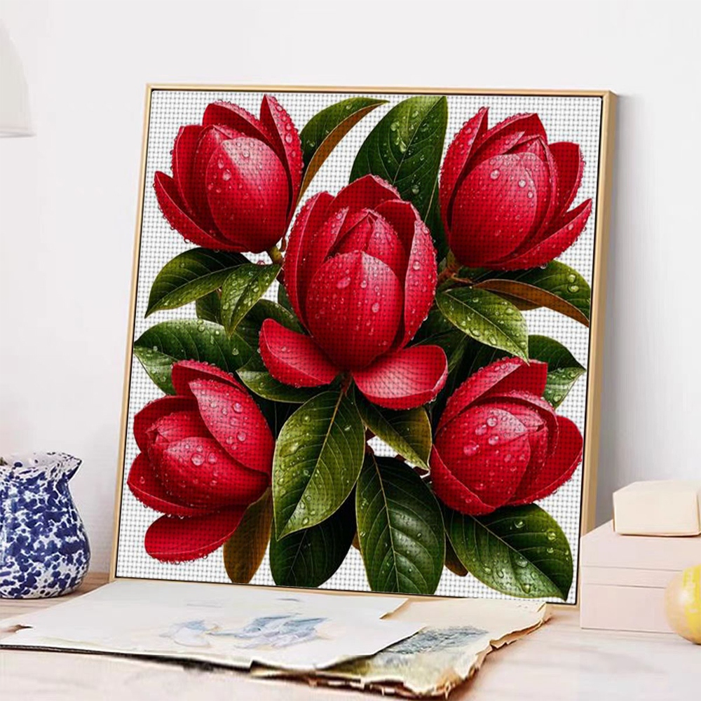 11CT Frameless DIY Cross Stitch Kit, Red Flowers with Water Droplets