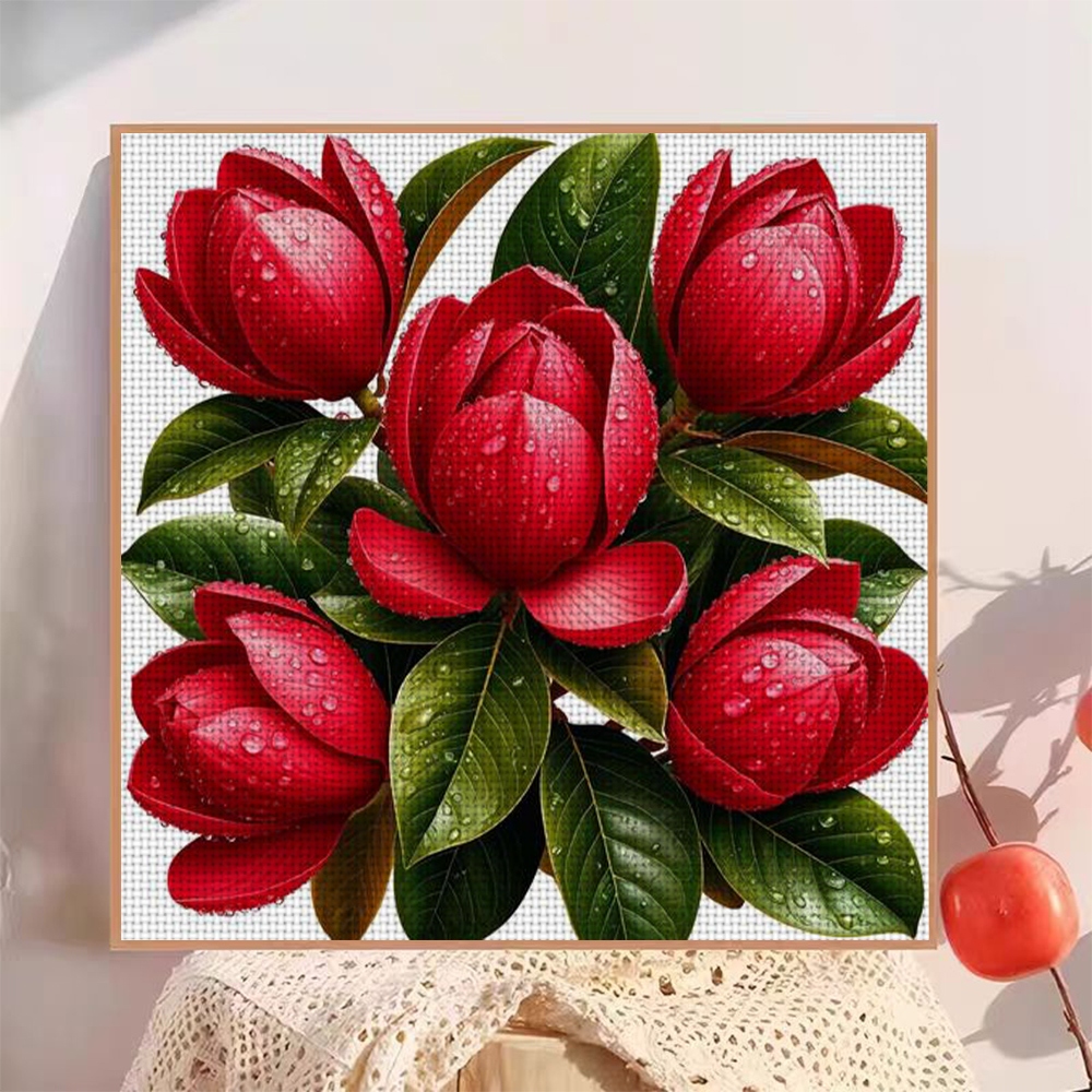11CT Frameless DIY Cross Stitch Kit, Red Flowers with Water Droplets