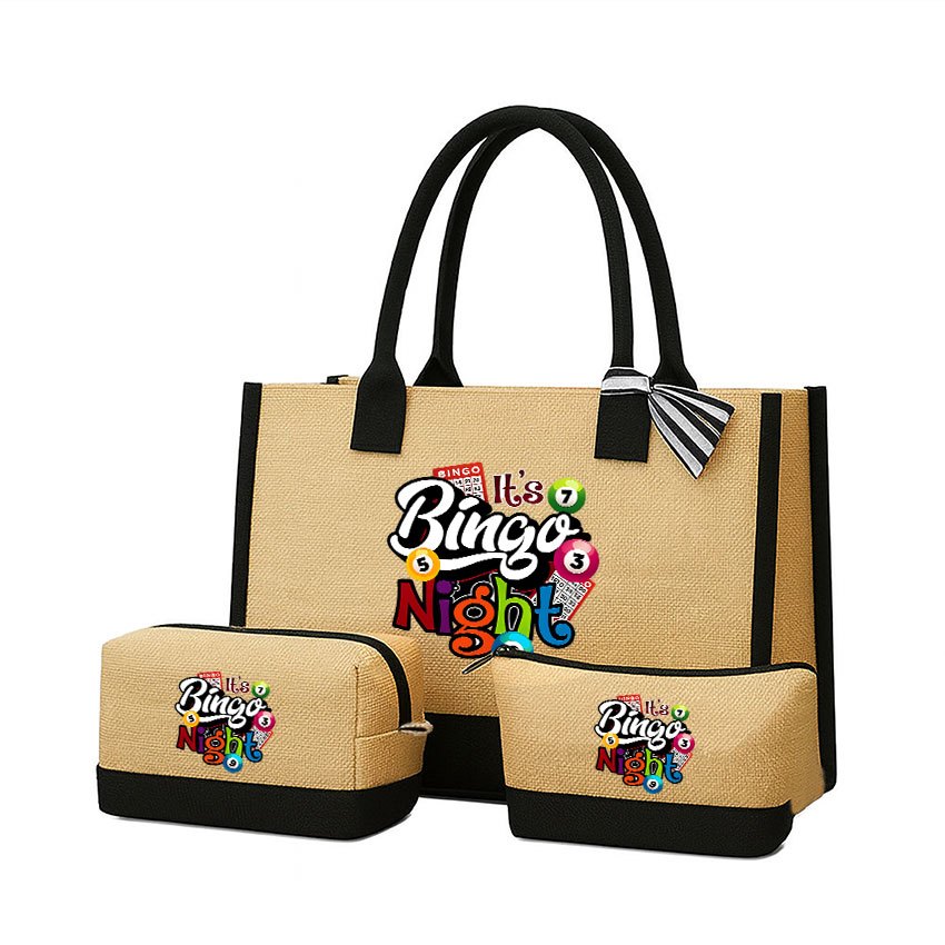 TEMU [Ensemble de sacs pour femmes] 2pcs/3pcs, ensemble coloré avec un motif Bingo imprimé, associé à un sac de Cosmétique/une chapeau de soleil de