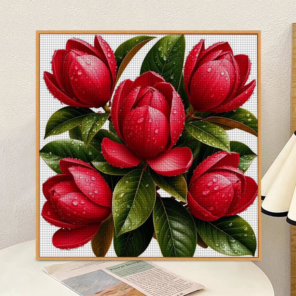 11CT Frameless DIY Cross Stitch Kit, Red Flowers with Water Droplets
