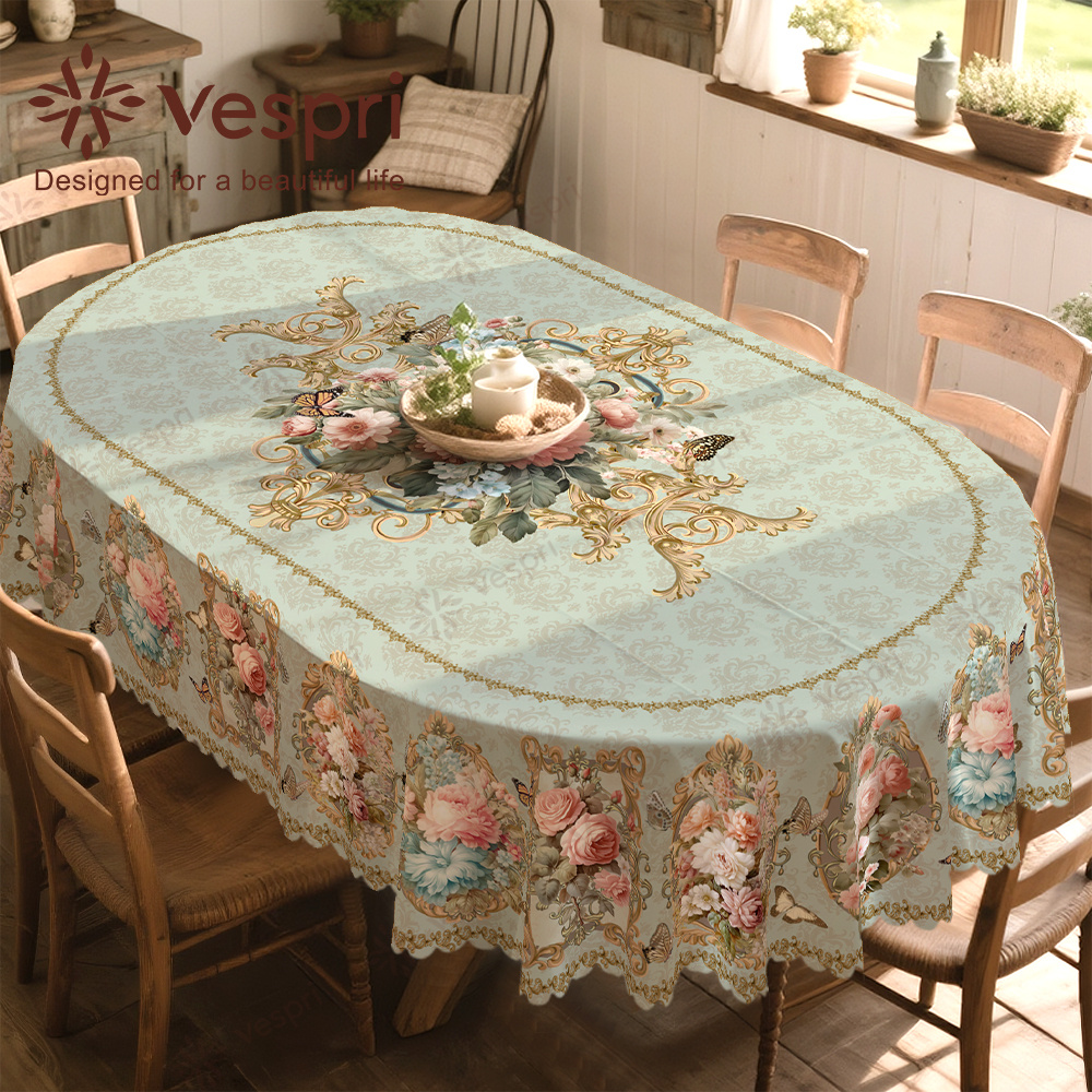 TEMU Spring Tablecloths With Green And White Decorations, Featuring Pink Flowers, Butterflies And Green Leaves. European Style In Round, Rectangular,