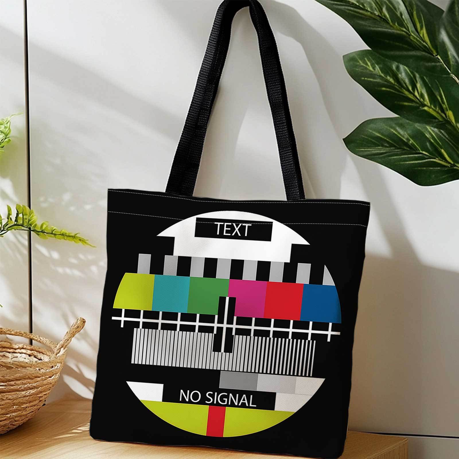 TEMU Sac cabas de shopping imprimé - avec de test TV (pas de signal et barres colorées) que des réservés pour . Léger, pliable et réutilisable, idéal