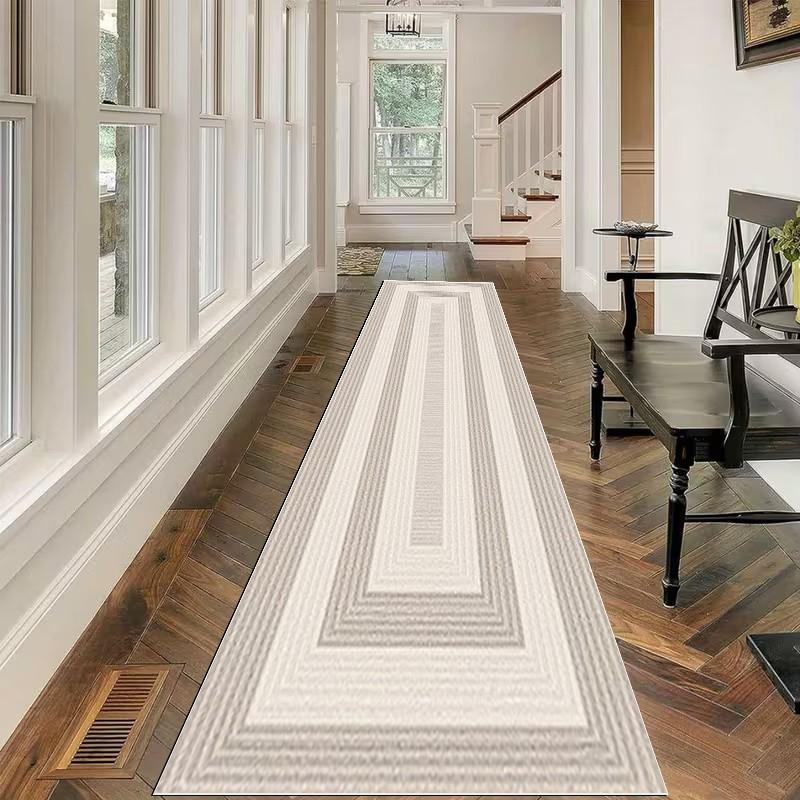 TEMU [velvet] Easy Modern Cream-style Geometric Long Strip Carpet Runner, And Skin-friendly Bedside Mat, Machine Washable And Foldable For , Suitable