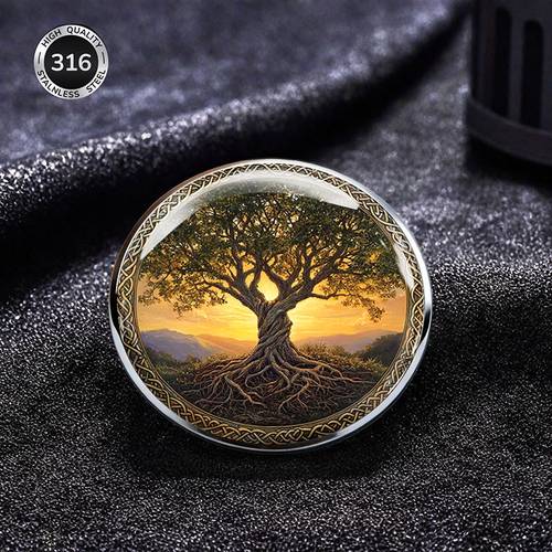 item picture the 2 exquisite round flat brooch features an image of a large tree under the sunset surrounded by celtic style floral decorations made from high quality stainless is rust resistant and scratch proof