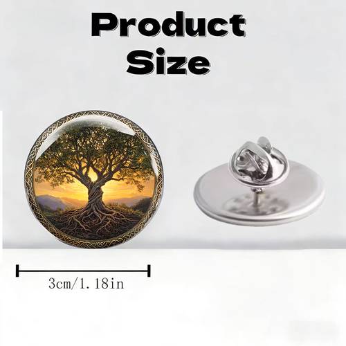 the 2 exquisite round flat brooch features an image of a large tree under the sunset surrounded by celtic style floral decorations made from high quality stainless is rust resistant and scratch proof