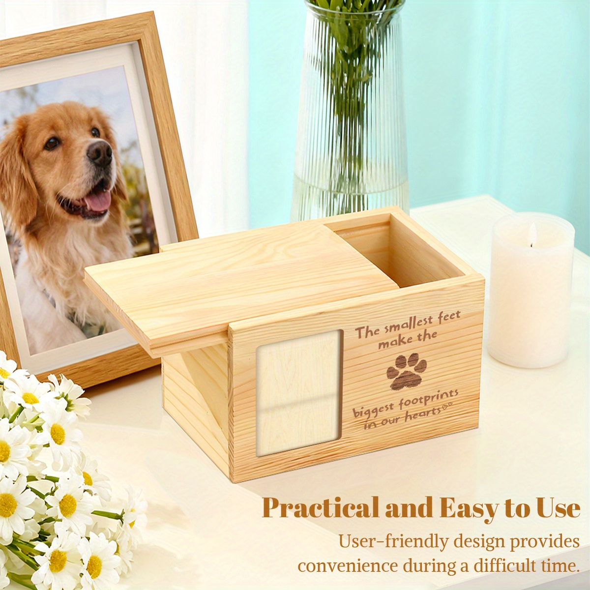 Wood Pet Memorial Urn for Ashes & Photo Display