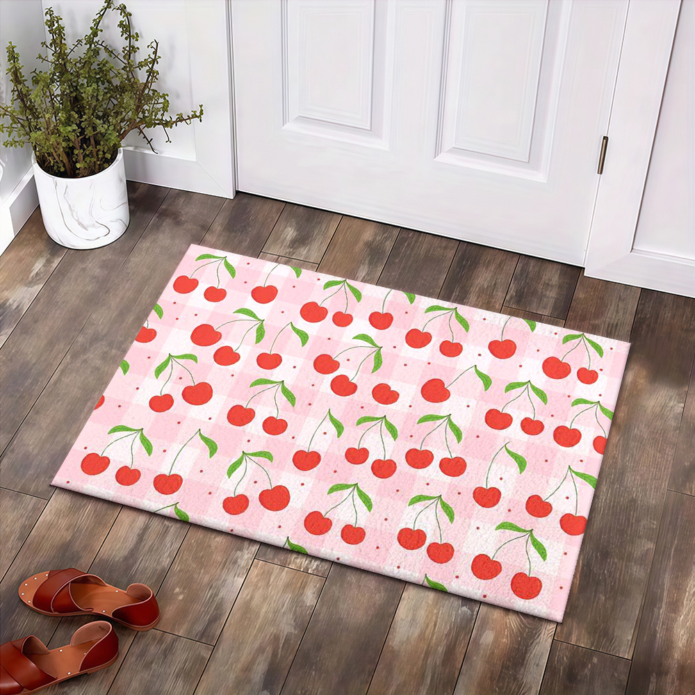 TEMU Velvet Material With Non-slip Plastic Backing. Large Gaming Rug Featuring A Cherry Pattern On A Pink Background, In A Cute Cartoon Style With