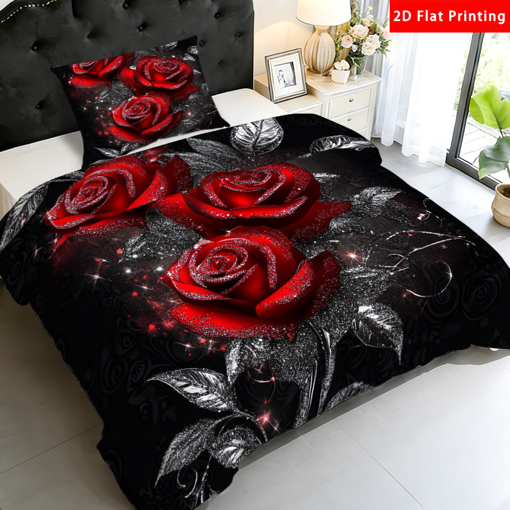 TEMU Latacaca 2/3pcs 2d Rose With Silvery Leaves Duvet Cover Set Black And Red Bedding Set Bed Sheet Set 1 Duvet Cover   1/2 Pillowcases Gifting For