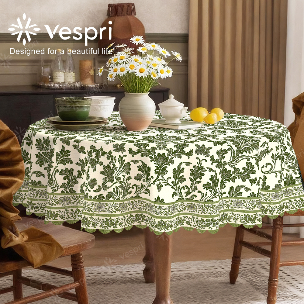 TEMU Spring And Floral Tablecloths With Green And White Decorations, Featuring Green Leaves, And Sunflower. European Style In Round, Rectangular, And
