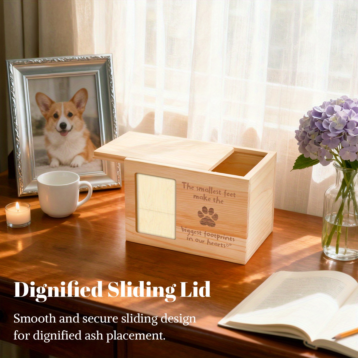 Wood Pet Memorial Urn for Ashes & Photo Display