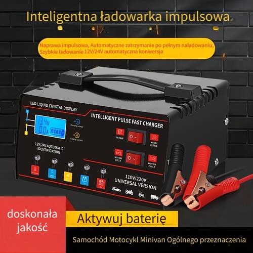 zdjęcie przedmiotu style 12v/24v inteligentnego uniwersalnego ładowarki akumulatorów, ekran lcd, funkcja naprawy impulsowej, i regulacja temperatury, zaprojektowane do inteligentnego ładowania stopniowego, konserwacji samochodów, ciężarówek, kombajnów, kosiarek, łodzi i motocykli, akumulatorów kwasowo-ołowiowych