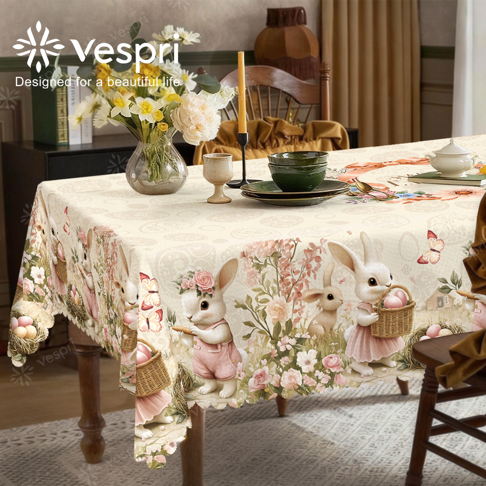 TEMU Easter Tablecloths With White And Pink Decorations, Featuring Rabbits And Easter Eggs. European Style In Round, Rectangular, And Oval Shapes.