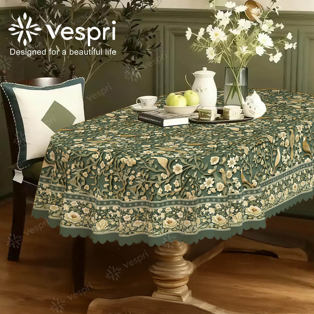 TEMU Spring And Floral Tablecloths With Green And White Decorations, Featuring Birds And Flower . European Style In Round, Rectangular, And Oval