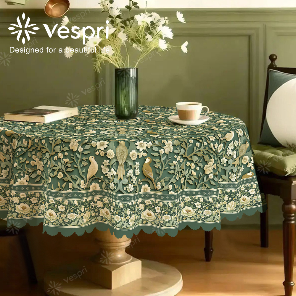 TEMU Spring And Floral Tablecloths With Green And White Decorations, Featuring Birds And Flower . European Style In Round, Rectangular, And Oval