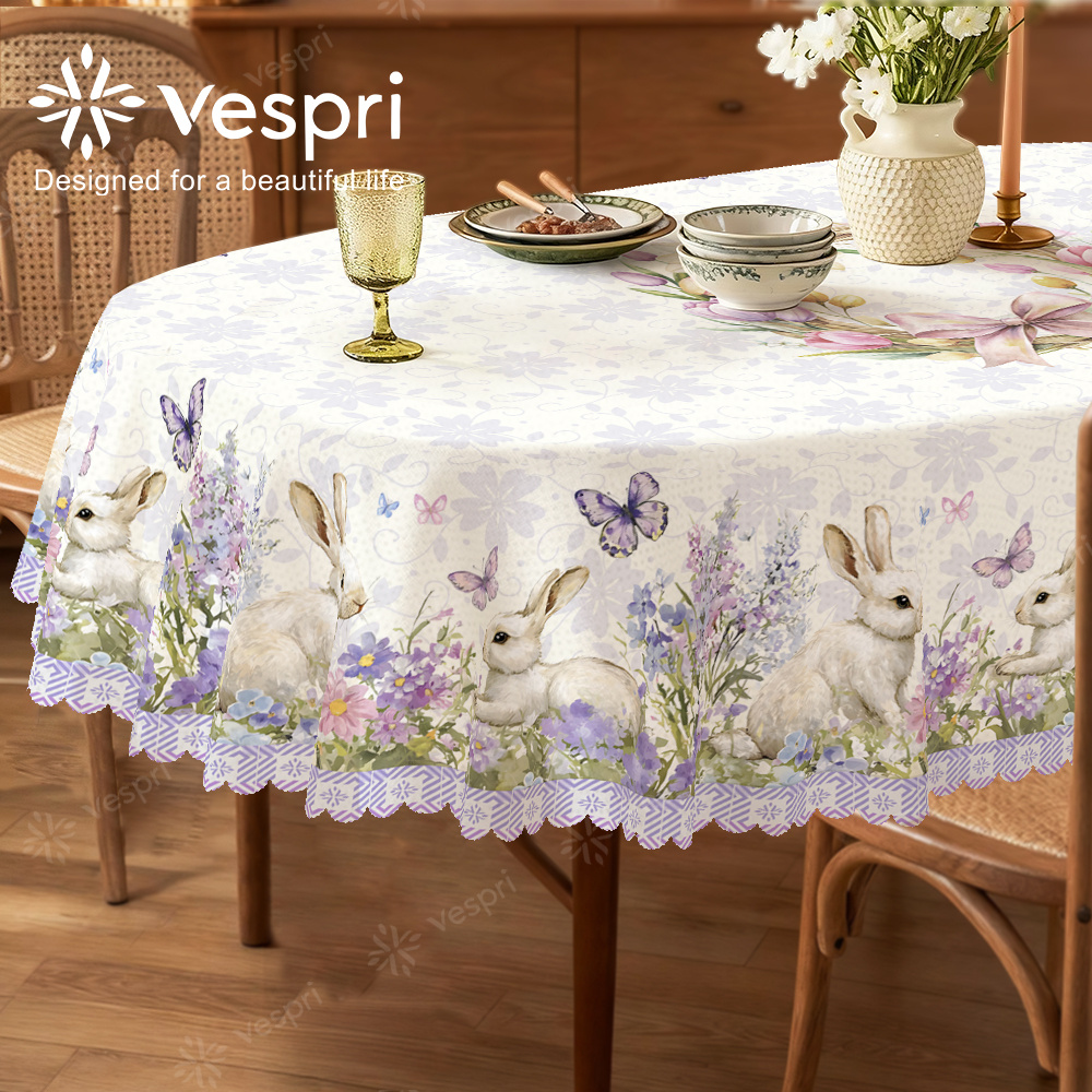 TEMU Easter Tablecloths With White And Purple Decorations, Featuring Rabbits And Butterflies. European Style In Round, Rectangular, And Oval Shapes.