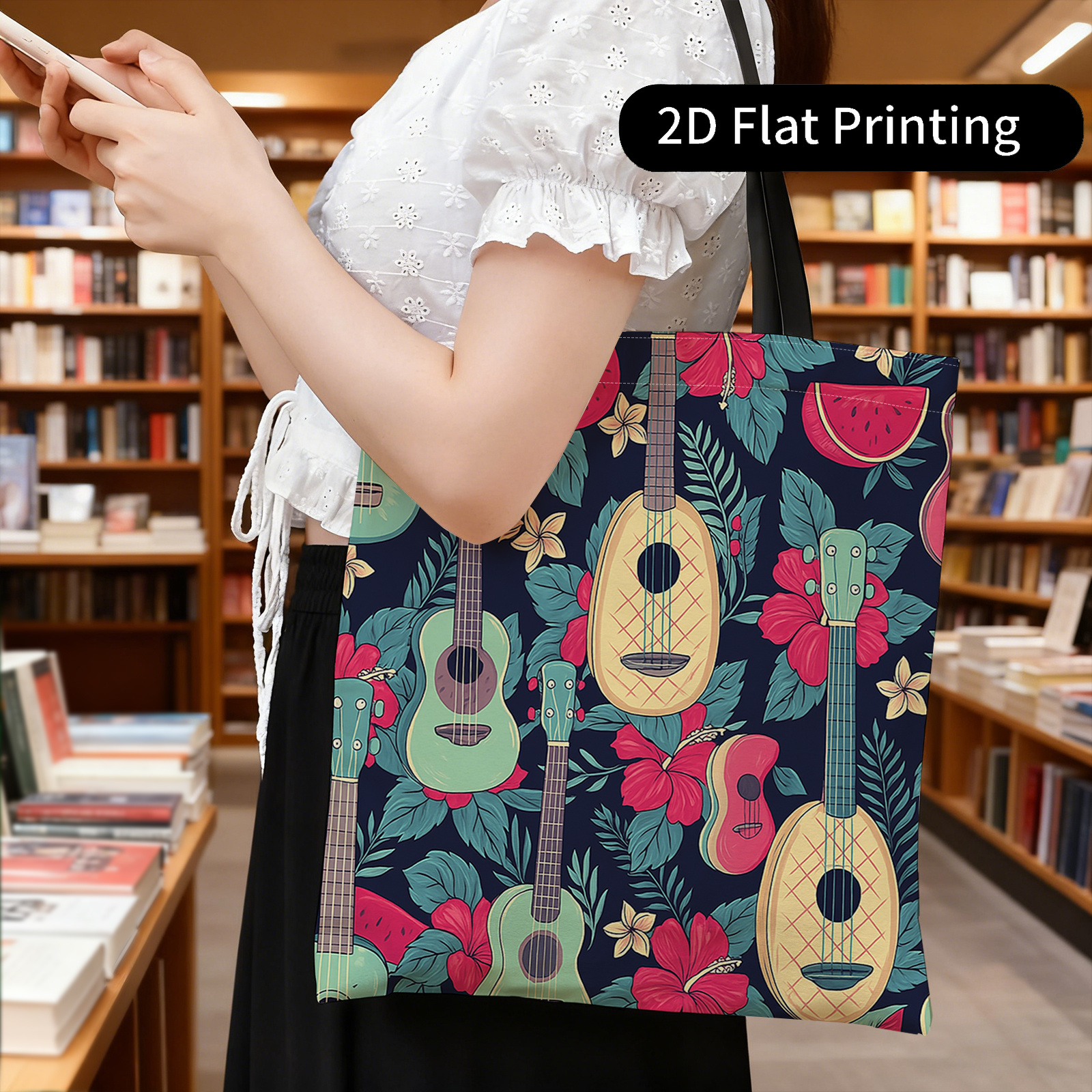 TEMU 1pc Double Sided Printed Handbag, Ukulele Pattern, Tropical Floral Background, Hawaiian Style Instrumentsportable Shopping Bag, Storage Bag,