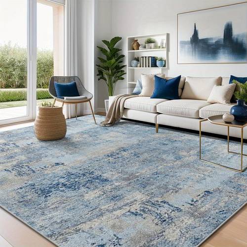 photo de l'article tapis de décoration intérieure en velours + support en plastique antidérapant | facile à nettoyer, tapis lavable et durable | texture abstraite bleu- , style vieilli et usé | convient pour chambre, cuisine, ferme, salon | idéal pour cadeaux et décoration intérieure
