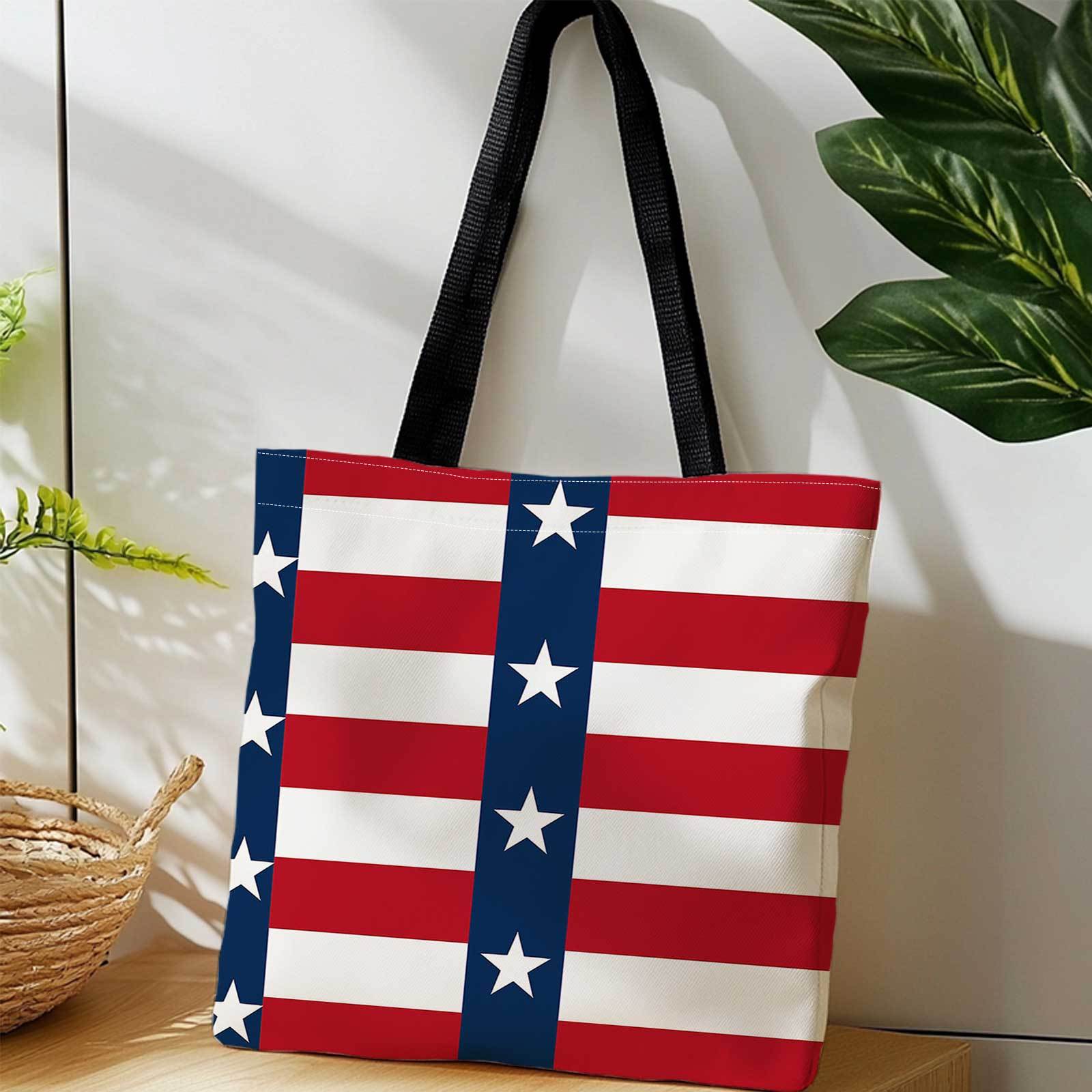 TEMU 1pc Double-sided Printing Shopping Tote Bag With Vertical American Flag Pattern, Lightweight Foldable Reusable Shoulder Bag For Travel, Camping,