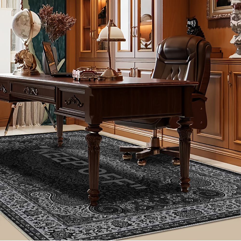 TEMU Velvet Material   Non-slip Plastic Backing. 131 Large Geometric Area Rug. Vintage Pattern Carpet In Black And Gray Color Scheme, Featuring "" .