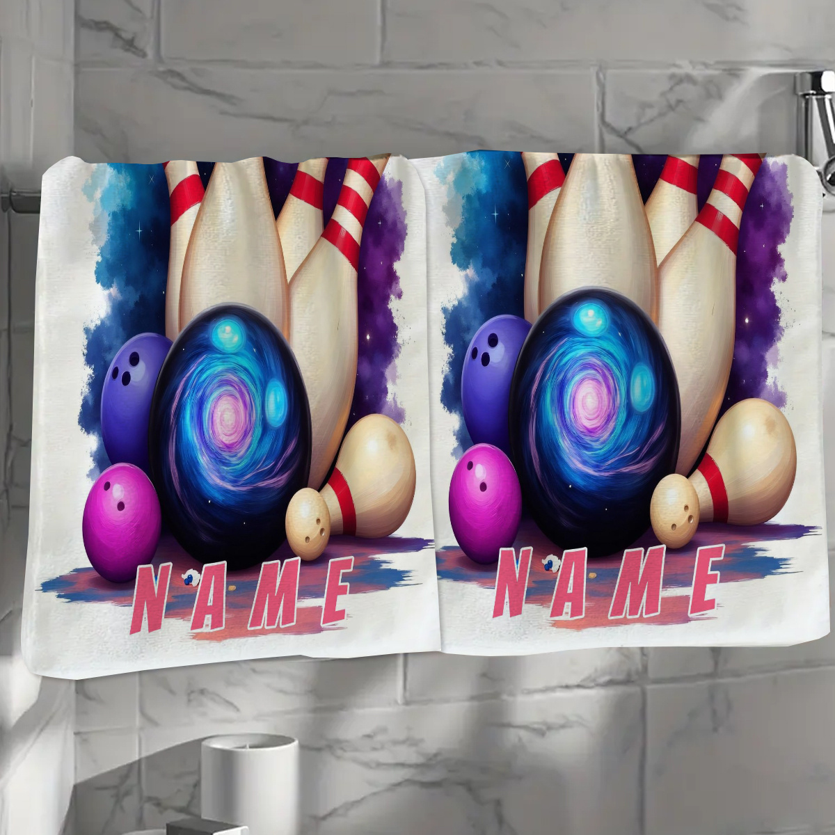 TEMU 1pc, Custom Name Towel, Bowling Pattern Cartoon Anime Fingertip Towel, Striped Design, Bathroom Towel, Absorbent Towel, Nordic Minimalist Style