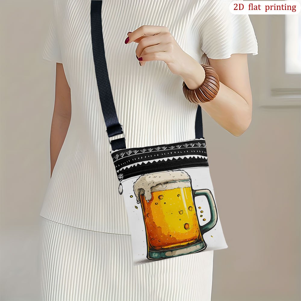 TEMU 1pc Beer Mug Print Crossbody Bag With Adjustable Strap & Zipper Closure - Lightweight Small Purse Suitable For Travel, Camping, Bridal Shower &