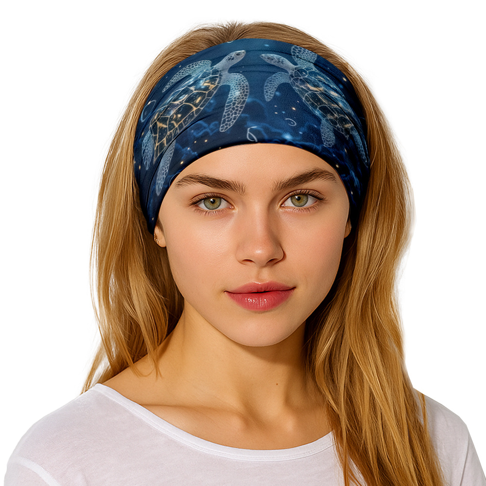 TEMU 1pc Elastic Wide Hair Band With Sea - Turtle Pattern, Breathable And Sweat - Absorbing Polyester Fabric, Soft Knotted Headband Style For Men And