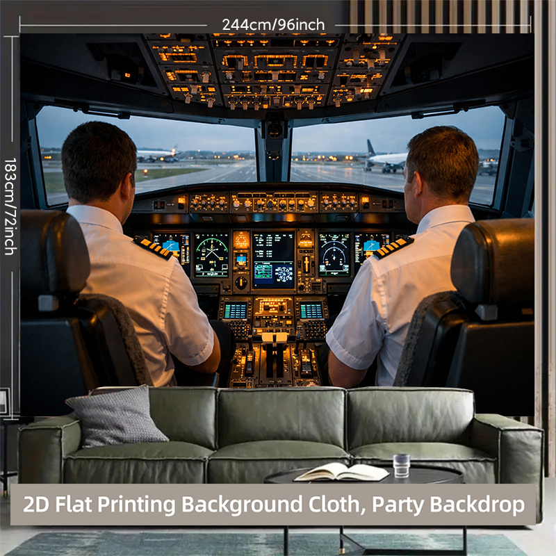 TEMU 2d Flat, 2d Flat Printing Backdrop Banner 1pc, Cockpit Pilots In Airplane Background Cloth Party Banner, Durable Photography Backdrop For Indoor