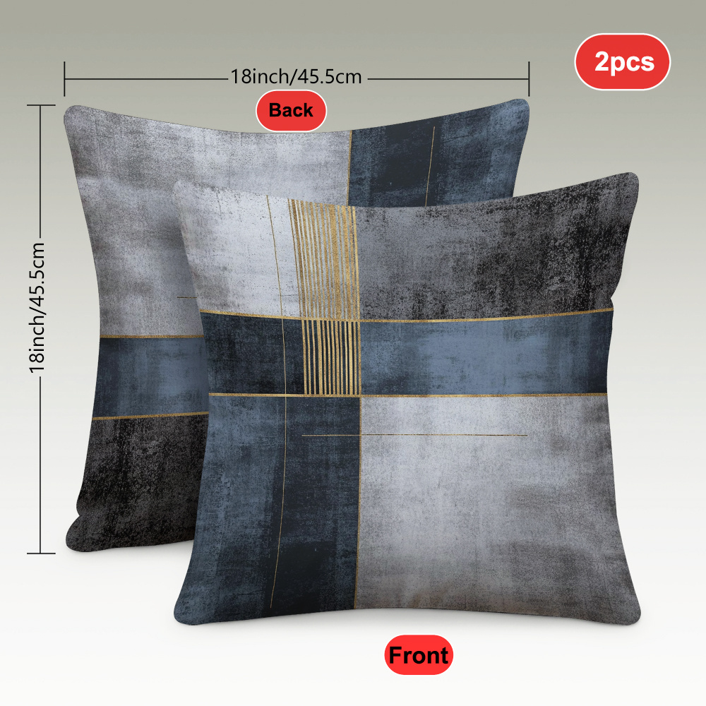 TEMU Set Of 2 Geometric Patterned Throw Pillow Covers In Gray-blue With Golden Lines, Modern , Suitable For Bedroom, Living Room, Sofa, Home Decor,
