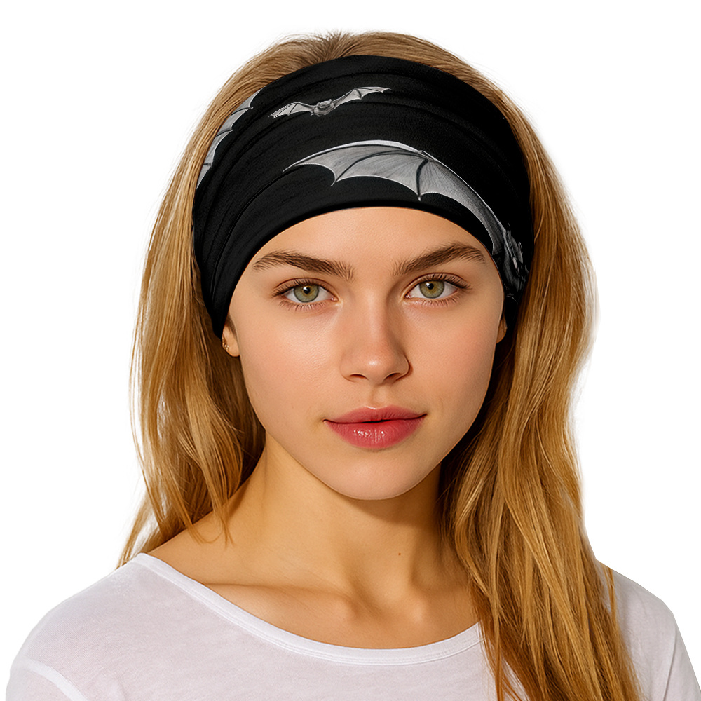 TEMU 1pc Bat - Patterned Elastic Wide Hair Band, Breathable And Sweat - Absorbent Polyester Fabric, Soft Knotted Headband Style For Men And Women,