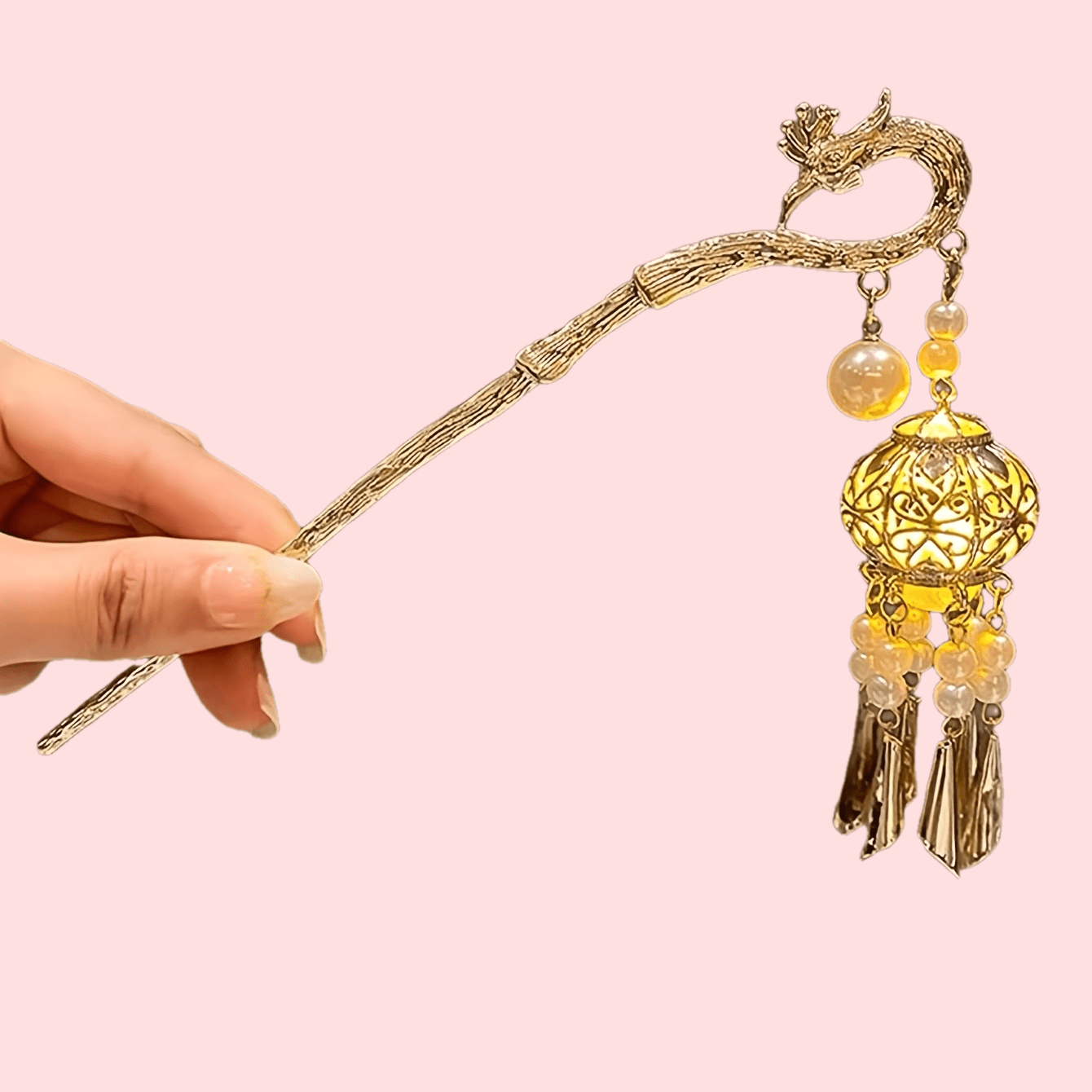 Golden Phoenix Pearl Fringed Lantern Hairpin, Retro Court Style
