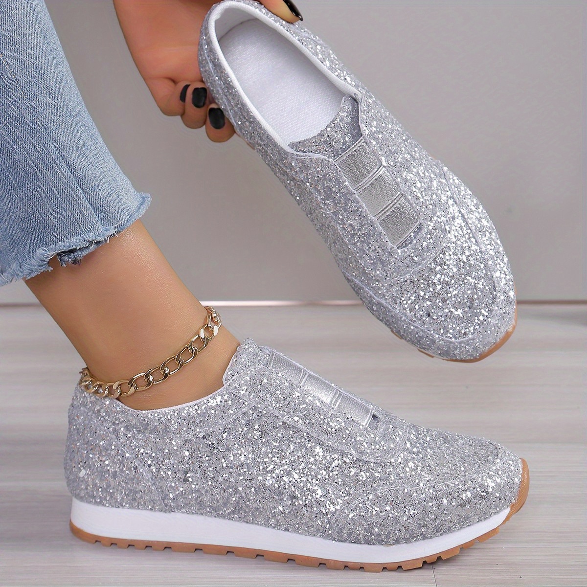 Silberne Schuhe Glitzer Sneaker Damen Silber Schuhe Silberne