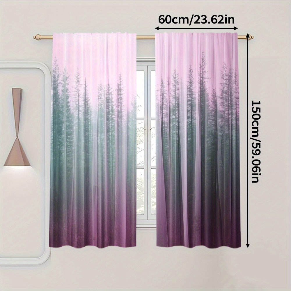 TEMU 2pcs Thermal Insulating Blackout Curtains - Purple Pink Gradient Misty Forest Window Drapes, Light Blocking & Energy Efficient Window Treatments