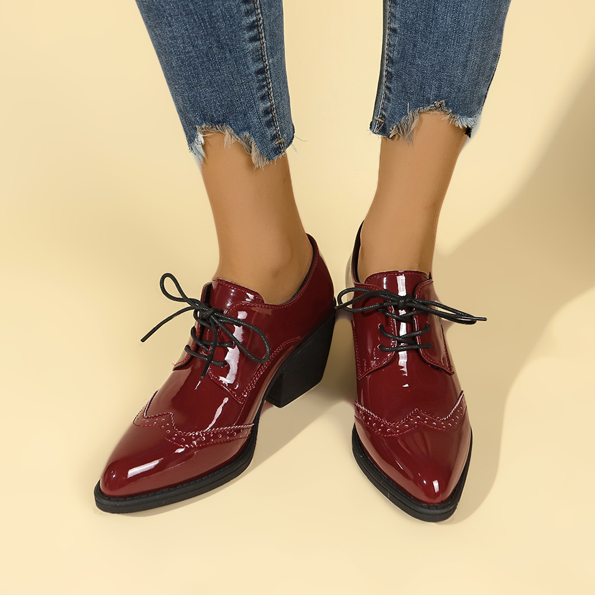 Mocasines de Tacón Retro para Mujer Oxford Negros con Cubierta de PU y  Cordones con Diseño de Punta de Ala, Zapatos Casuales Cómodos para Tod