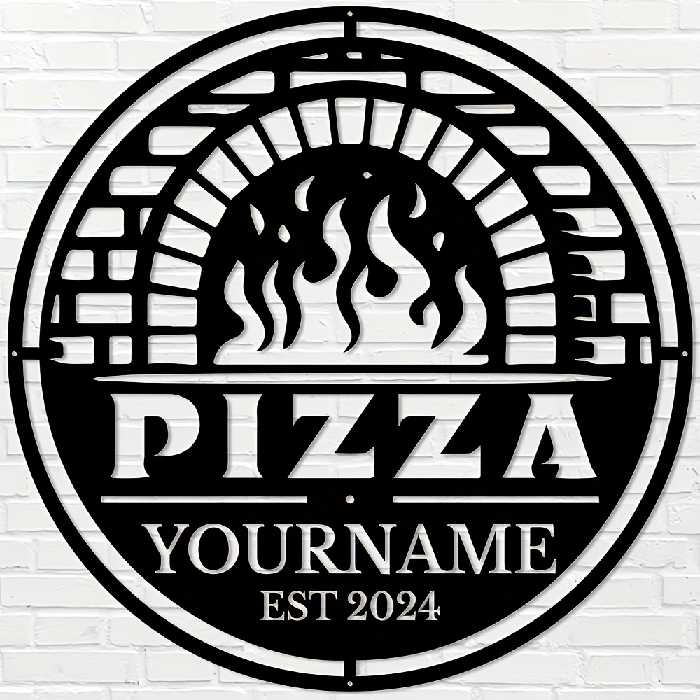 TEMU Personalized Custom Black Metal Pizza Wall Art With Flames Design - Custom Name & Est Year Engraving, Modern Home Decor For Kitchen/outdoor