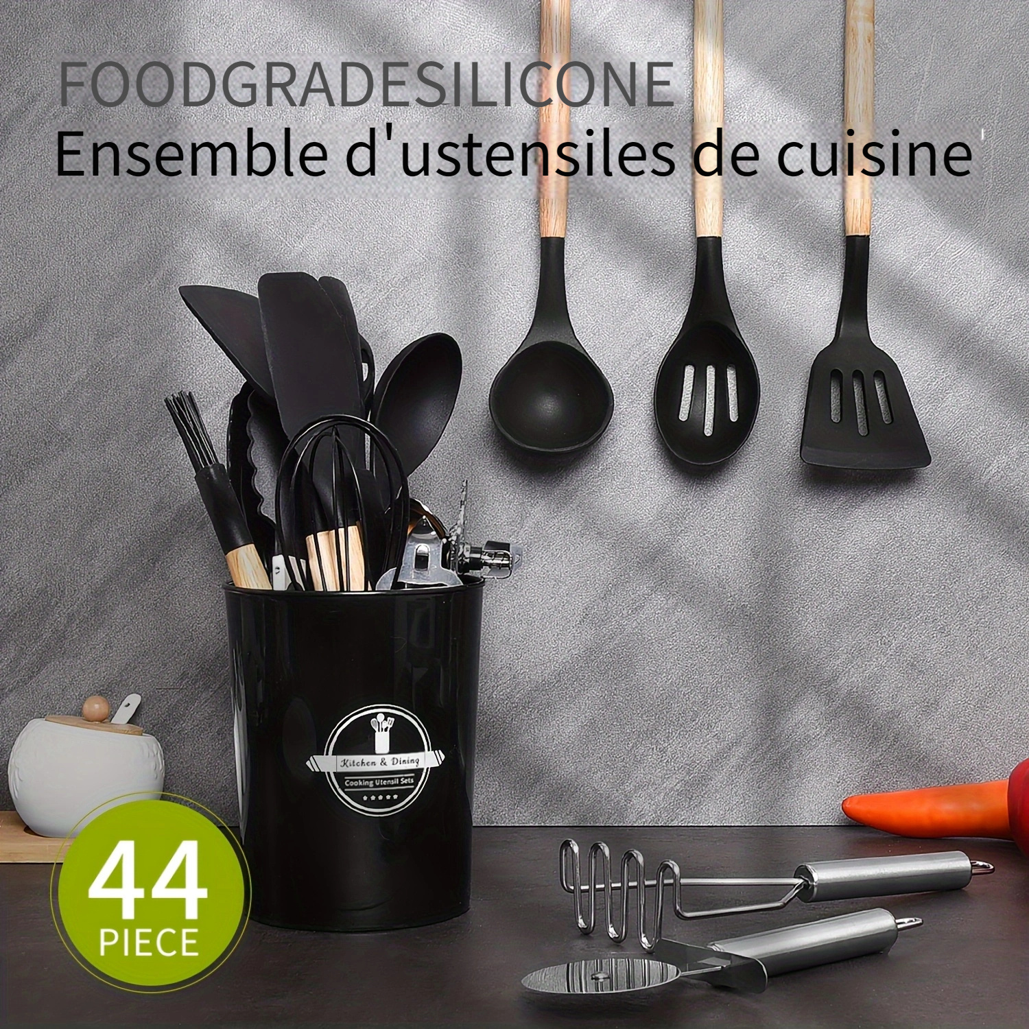 44pièces Ensemble d'ustensiles de cuisine en silicone avec manches en bois antiadhésives - Outils faciles pour la cuisine et la pâtisserie, parfaits pour les vacances (Noël, Saint-Valentin, Saint-Patrick, remise des diplômes, Ramadan), comprennent des spatules, des fouets, des cuillères, des pinces et plus encore, les essentiels de la cuisine|Ustensiles modernes|Ustensiles en silicone, accessoires de cuisine