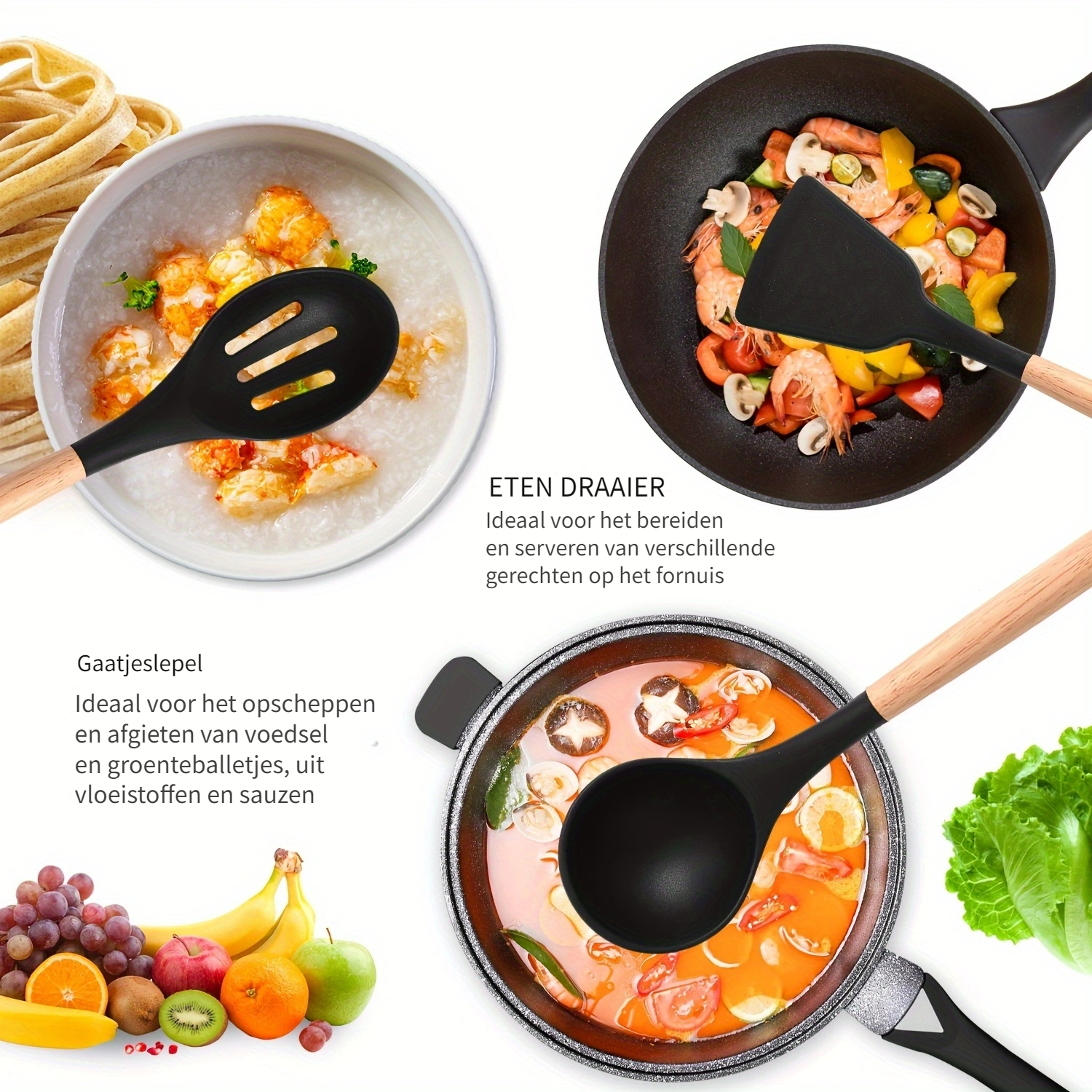 44-delige Anti-aanbak Keukenset met Houten Handvat en Siliconen, Geschikt voor Bakken en Koken, Makkelijk Koken en Bakken, Keukenbenodigdheden, Anti-aanbak Keukengerei, Anti-aanbak Kookgerei, Bakbenodigdheden