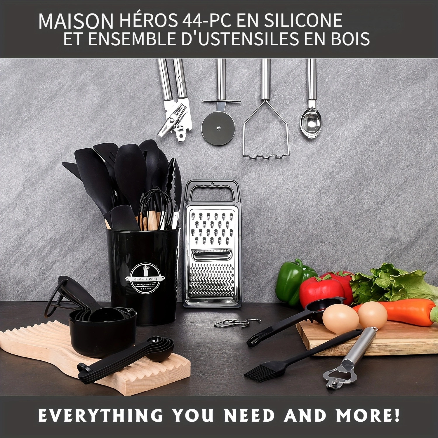 44pièces Ensemble d'ustensiles de cuisine en silicone avec manches en bois antiadhésives - Outils faciles pour la cuisine et la pâtisserie, parfaits pour les vacances (Noël, Saint-Valentin, Saint-Patrick, remise des diplômes, Ramadan), comprennent des spatules, des fouets, des cuillères, des pinces et plus encore, les essentiels de la cuisine|Ustensiles modernes|Ustensiles en silicone, accessoires de cuisine