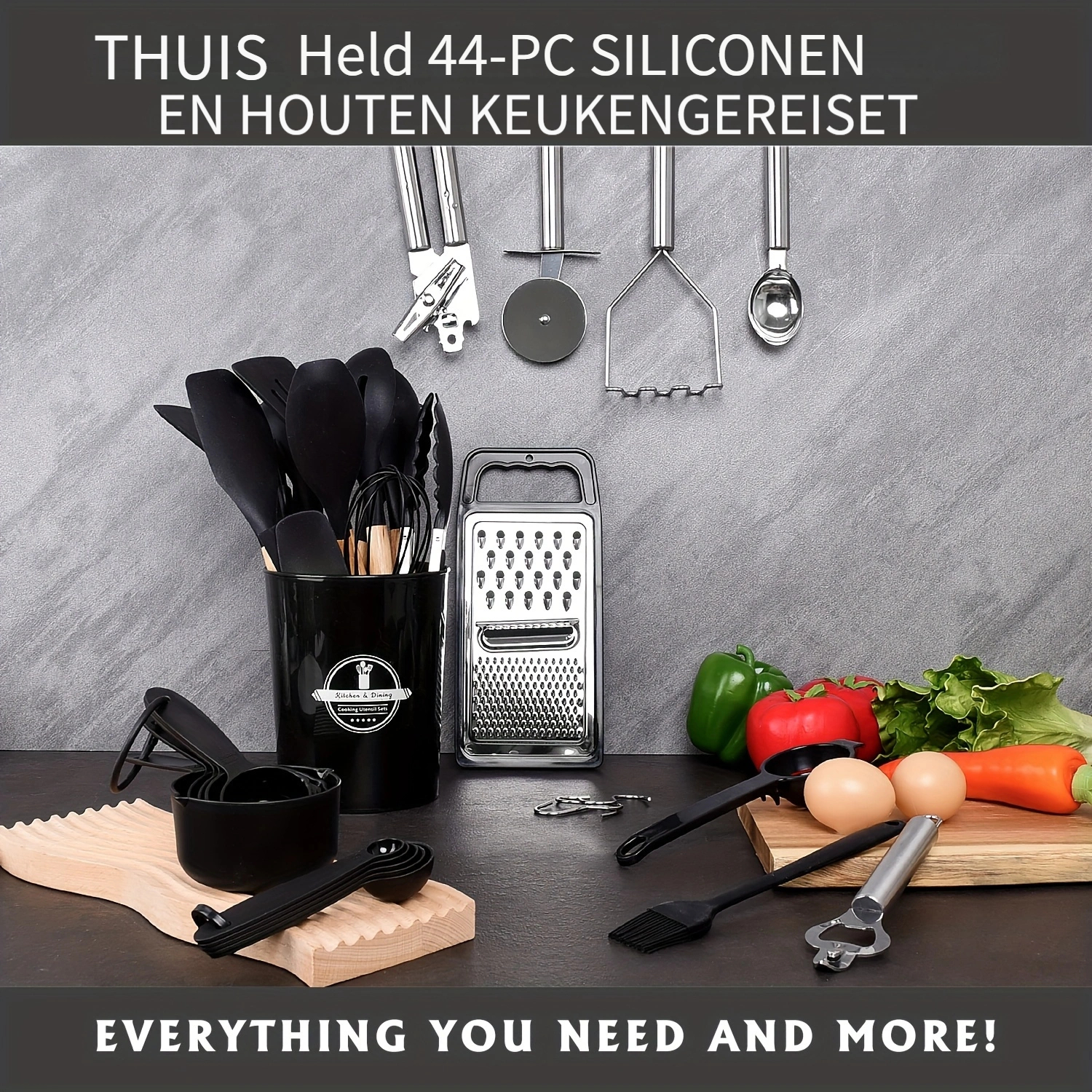 44-delige Anti-aanbak Keukenset met Houten Handvat en Siliconen - Afbeelding 2