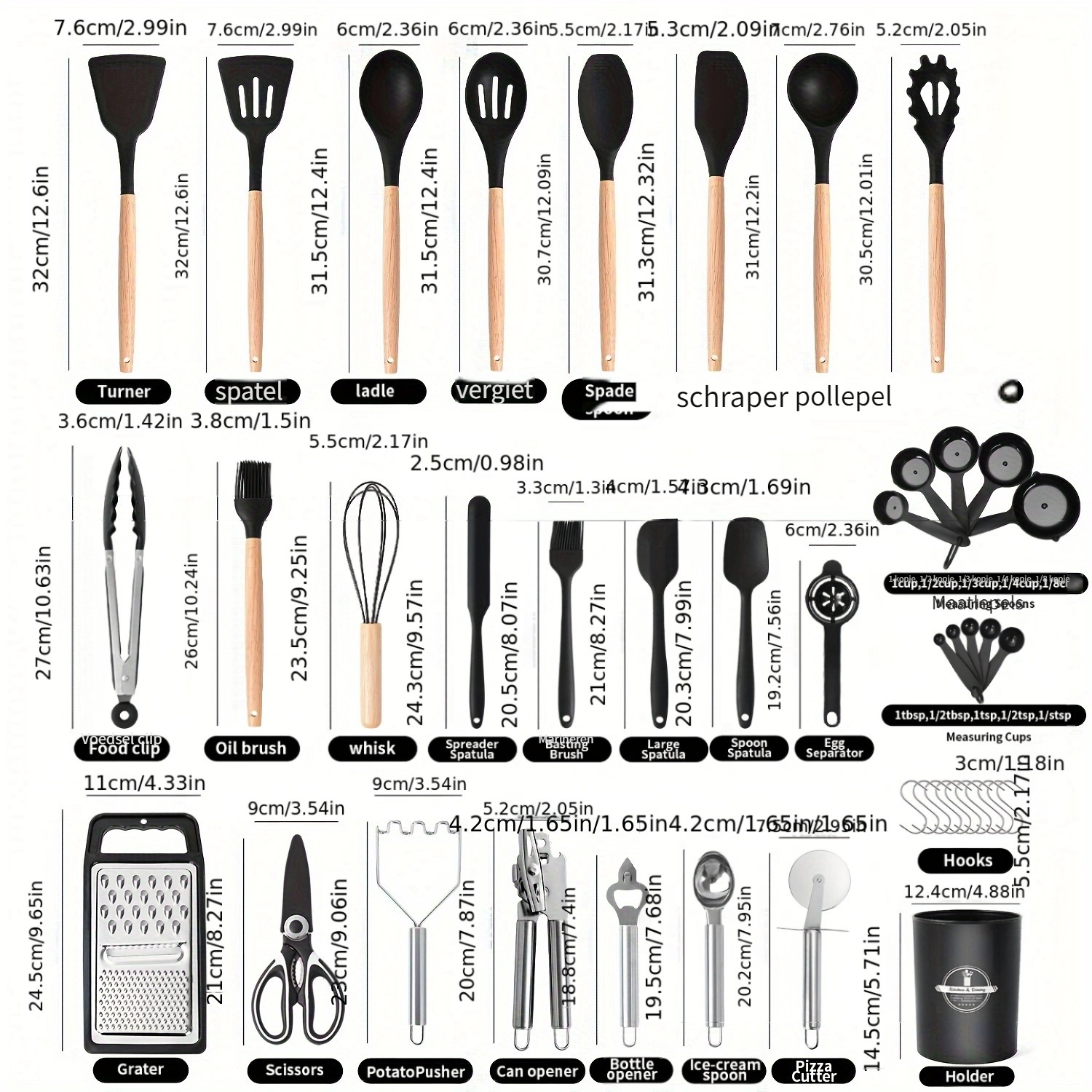 44-delige Anti-aanbak Keukenset met Houten Handvat en Siliconen, Geschikt voor Bakken en Koken, Makkelijk Koken en Bakken, Keukenbenodigdheden, Anti-aanbak Keukengerei, Anti-aanbak Kookgerei, Bakbenodigdheden