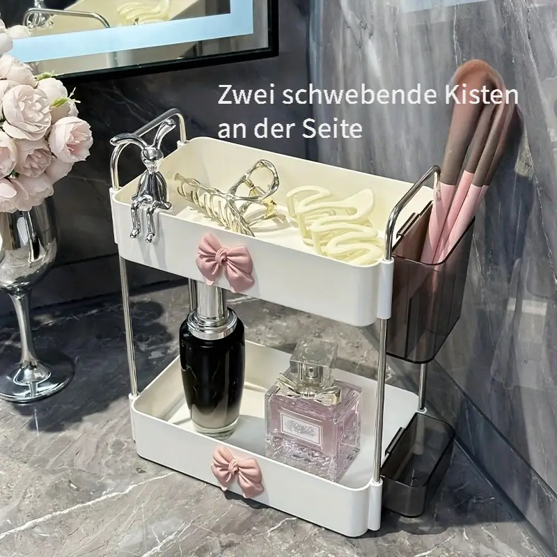1 Stück 2-Etagen-Make-up-Organizer mit Hasenschleifen-Dekoration – Multifunktionaler Badezimmer-Aufbewahrungsbox, Kunststoff-Arbeitsplatten-Organizer für Waschbecken-Vanity-Schrank, Platzsparendes