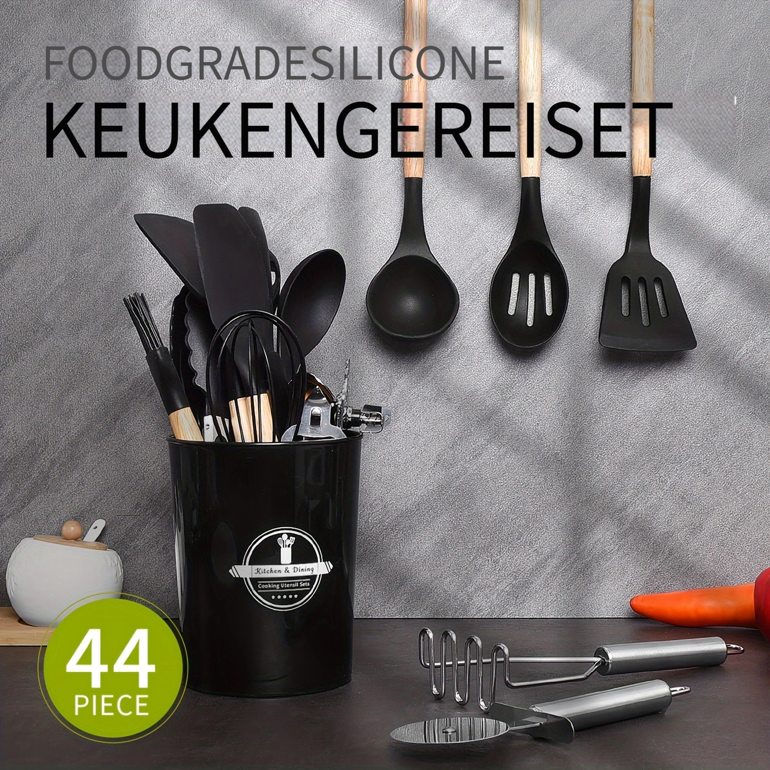 44-delige Anti-aanbak Keukenset met Houten Handvat en Siliconen, Geschikt voor Bakken en Koken, Makkelijk Koken en Bakken, Keukenbenodigdheden, Anti-aanbak Keukengerei, Anti-aanbak Kookgerei, Bakbenodigdheden